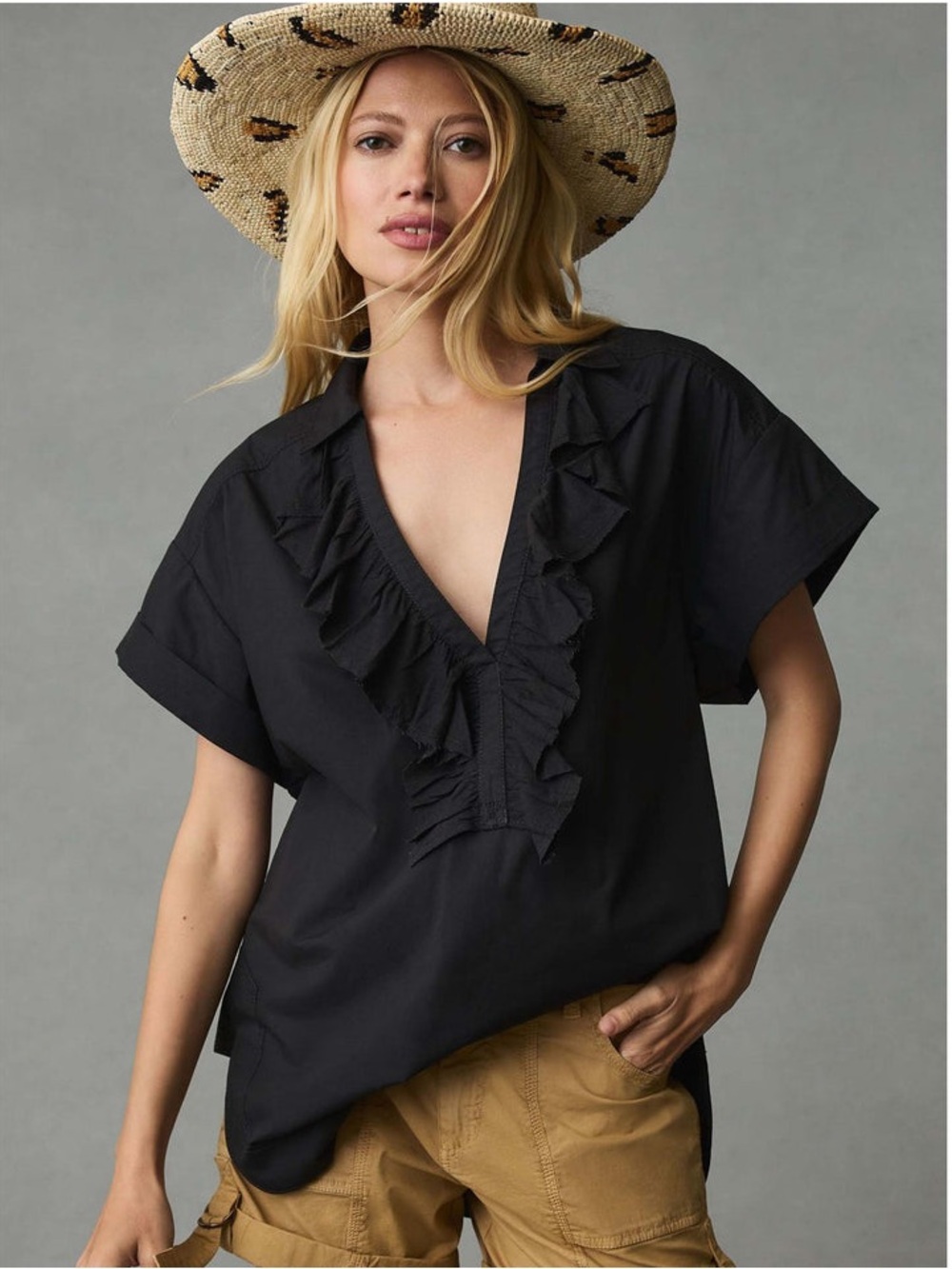 Anthropologie Pilcro Black Short Sleeve Reworked Ruffled Blouse SP (oversized)